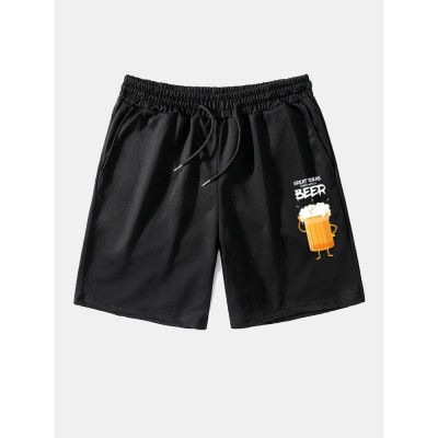 Mens Cartoon Beers Letter Print Loose Drawstring Shorts