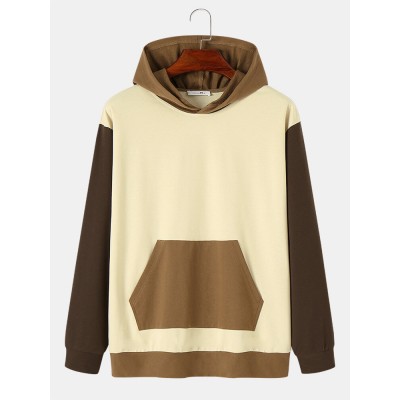 Mens Vintage Color Spliced Kangaroo Pocket Long Sleeve Hoodies