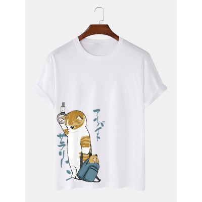 Mens Japanese Style Cat Print Crew Neck Cotton Short Sleeve T  Shirts