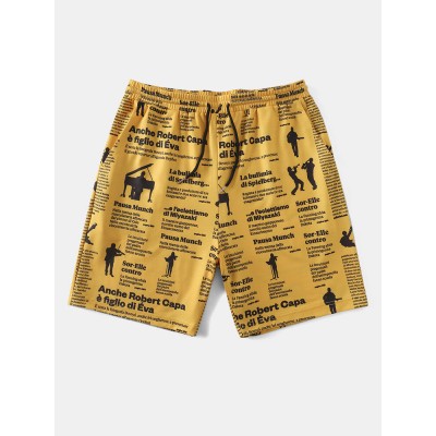 Mens All Over Music Performance Letter Printed Drawstring Shorts