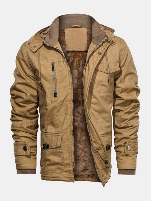 Mens Warm Fleece Lined Vintage Thicken Hooded Jacket With Multi Pocket