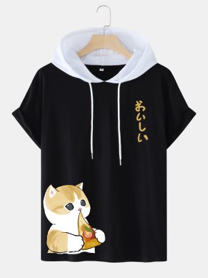 Mens Pizza Cat Japanese Print Short Sleeve Hooded T  Shirts