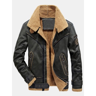 Mens Zipper Multi Pocket Warm Sherpa Lining Vintage Long Sleeve PU Leather Motorcycle Jacket