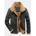 Mens Zipper Multi Pocket Warm Sherpa Lining Vintage Long Sleeve PU Leather Motorcycle Jacket