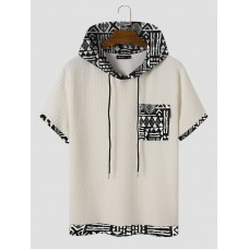 Mens Monochrome Geometric Print Splice Texture Short Sleeve Hooded T  Shirts