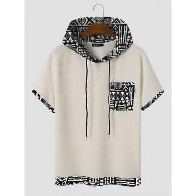 Mens Monochrome Geometric Print Splice Texture Short Sleeve Hooded T  Shirts