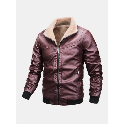 Mens Thicken Zipper Warm Fleece Lined Long Sleeve Leather Biker Jacket