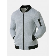 Mens Textured Baseball Collar Zip Front Solid Casual Jacket With Pocket