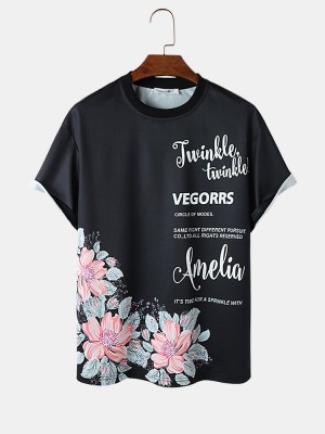 Mens Letter Floral Print Crew Neck Short Sleeve T  Shirts