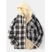 Mens Vintage Plaid Multi Pocket Warm Faux Fur Lined Hooded Jacket