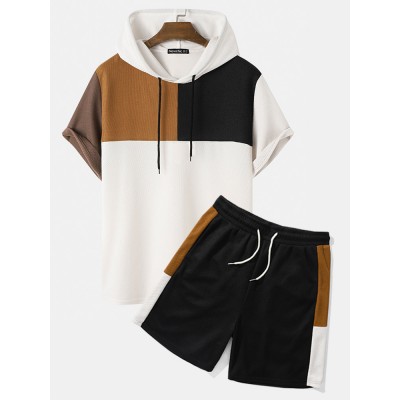 Mens Hooded Waffle Knit Color Block Patchwork Shirts Shorts Two Pieces Outfits