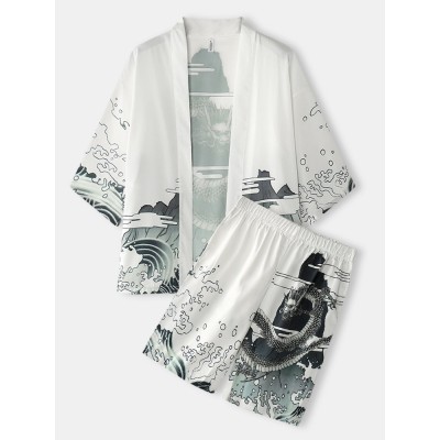 Mens Kimono Loong Pattern Chinoiserie Dragon Two Piece Outfits