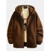 Mens Solid Color Slant Pocket Zipper Warm Shearling Simple Hooded Jacket