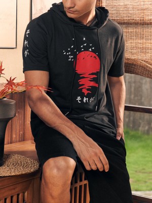 Mens Red Sun Japanese Print Short Sleeve Drawstring Hooded T  Shirts