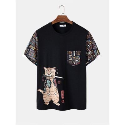 Mens Japanese Cat Geometric Print Crew Neck Short Sleeve T  Shirts