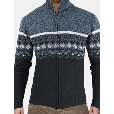 Mens Vintage Tribal Pattern Knitting Warm Stand Collar Long Sleeve Sweater Jacket