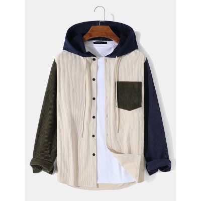 Mens Contrast Patchwork Corduroy Long Sleeve Drawstring Hooded Shirts