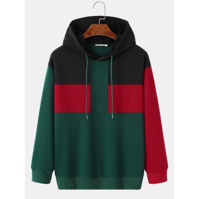 Mens Youthful Color Patchwork Long Sleeve Hooded Sweatshirts