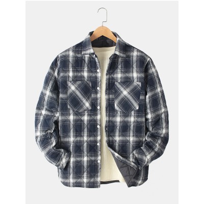 Mens Warm Double Pocket Plaid Thicken Lapel Jacket