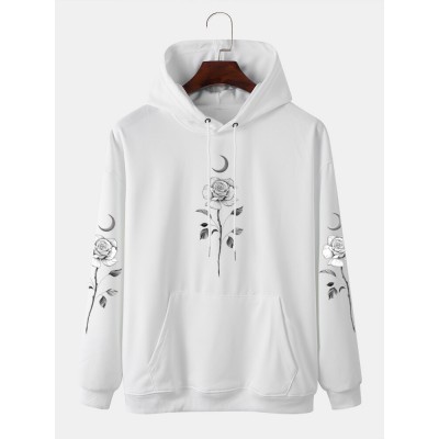 Mens Rose   Moon Printed Pocket Long Sleeve Hoodies