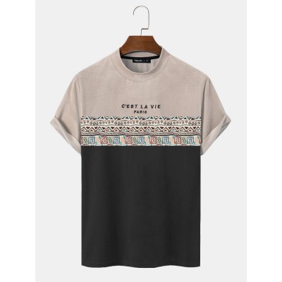 Mens Letter Geometric Pattern Patchwork Texture Short Sleeve T  Shirts