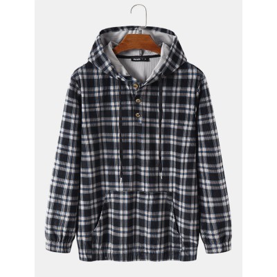 Mens Plaid Half Button Corduroy Preppy Drawstring Hoodies With Pocket