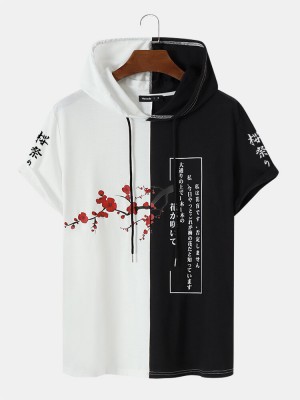 Mens Floral Japanese Print Patchwork Short Sleeve Hooded T  Shirts