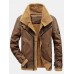 Mens Zipper Multi Pocket Warm Sherpa Lining Vintage Long Sleeve PU Leather Motorcycle Jacket