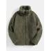 Mens Solid Color Warm Stand Collar Long Sleeve Fleece Plush Jacket