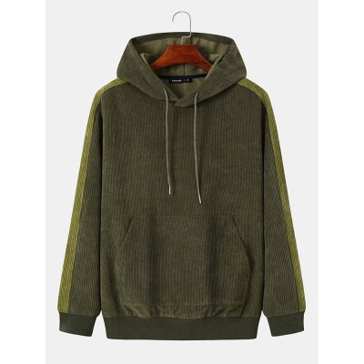 Mens Side Stripe Kangaroo Pocket Corduroy Drawstring Hoodies