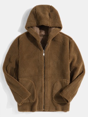 Mens Warm Fluffy Zipper Reversible Polar Fleece Pocket Long SLeeve Jacket