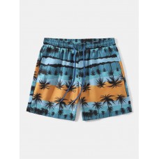 Men Palm Tree Hawaiian Style Drawstring Elastic Waist Shorts