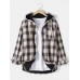 Mens Vintage Plaid Button Up Thick Warm Lined Hooded Jacket