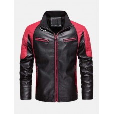 Mens Contrast Patchwork Washed Motorcycle PU Leather Jacket With Pocket