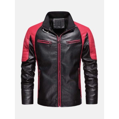 Mens Contrast Patchwork Washed Motorcycle PU Leather Jacket With Pocket