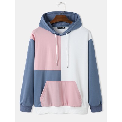 Mens Color Block Patchwork Kangaroo Pocket Preppy Drawstring Hoodies