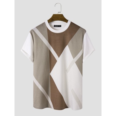 Mens Irregular Color Block Striped Crew Neck Short Sleeve T  Shirts