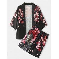 Mens Kimono Carp   Flower Print Japanese Fish Elastic Waist Two Piece Outfits