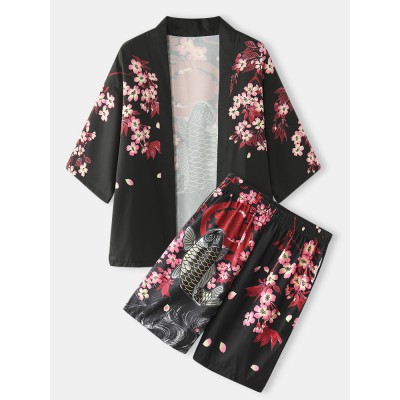 Mens Kimono Carp   Flower Print Japanese Fish Elastic Waist Two Piece Outfits