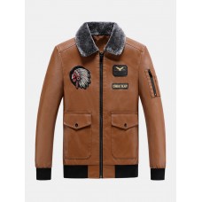 Mens Embroidered Faux Fur Collar PU Leather Bomber Jacket