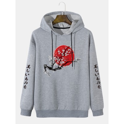 Mens Wintersweet Print Chinese Long Sleeve Hooded Sweatshirts