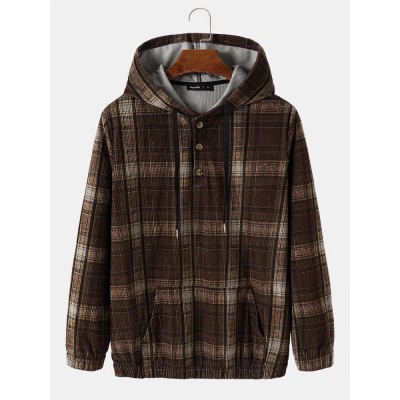 Mens Plaid Corduroy Half Button Preppy Drawstring Hoodies