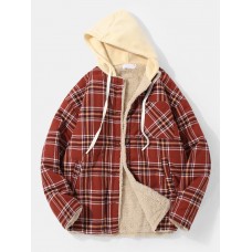 Mens Vintage Plaid Multi Pocket Warm Faux Fur Lined Hooded Jacket