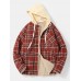 Mens Vintage Plaid Multi Pocket Warm Faux Fur Lined Hooded Jacket