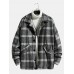 Mens Vintage Plaid Warm Lamb Wool Lined Lapel Pocket Jacket