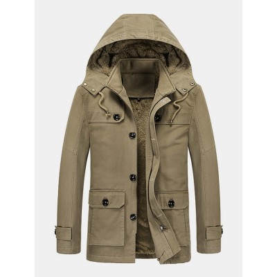 Mens Winter Thicken Fleece Lined Mid  Length Warm Parka With Removable Hood