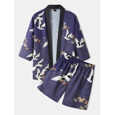 Mens Kimono Ethnic Style Crane Print Open Front Casual Two Pieces Outfits