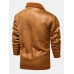 Mens Solid Color Warm Button Up Fleece Lined Thicken PU Leather Jacket With Pocket