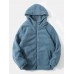 Mens Solid Color Slant Pocket Zipper Warm Shearling Simple Hooded Jacket