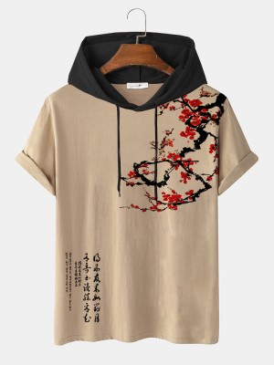 Mens Plum Bossom Character Print Contrast Short Sleeve Hooded T  Shirts